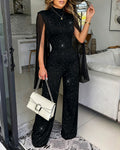 Glitter Mock Neck Sheer Chiffon Cloak Sleeve Overalls Casual Zipper Back Jumpsuit