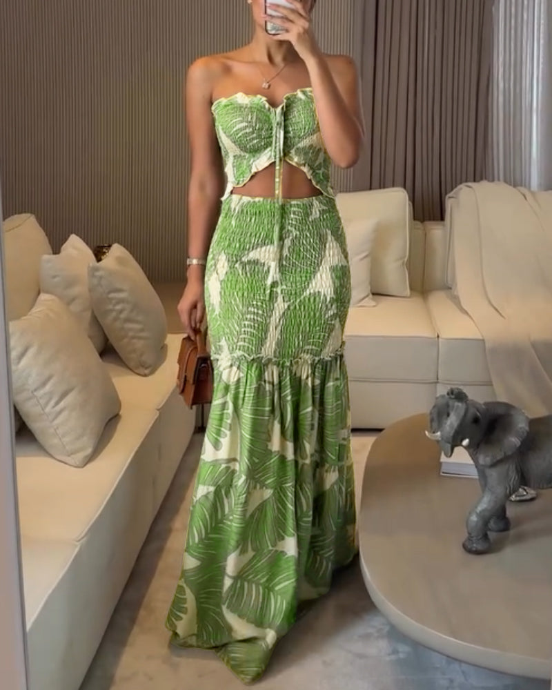 Tropical Print Halter Tie Shirred Frill Trim Cinched Waist Vacation Dress Ruched Cutout Front Slim Fit Ruffle Hem Mermaid Dress