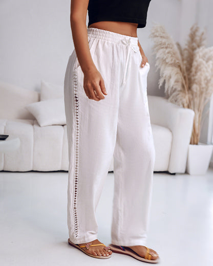 Hollow Out Lace Patch Pocket Design Casual Pants