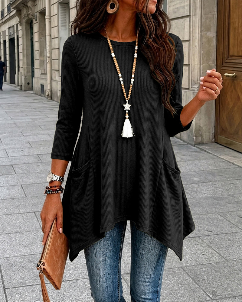 Women's Ribbed Asymmetrical Hem Top Crewneck Three Quarters Sleeve A-Line Casual Top