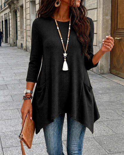 Women's Ribbed Asymmetrical Hem Top Crewneck Three Quarters Sleeve A-Line Casual Top