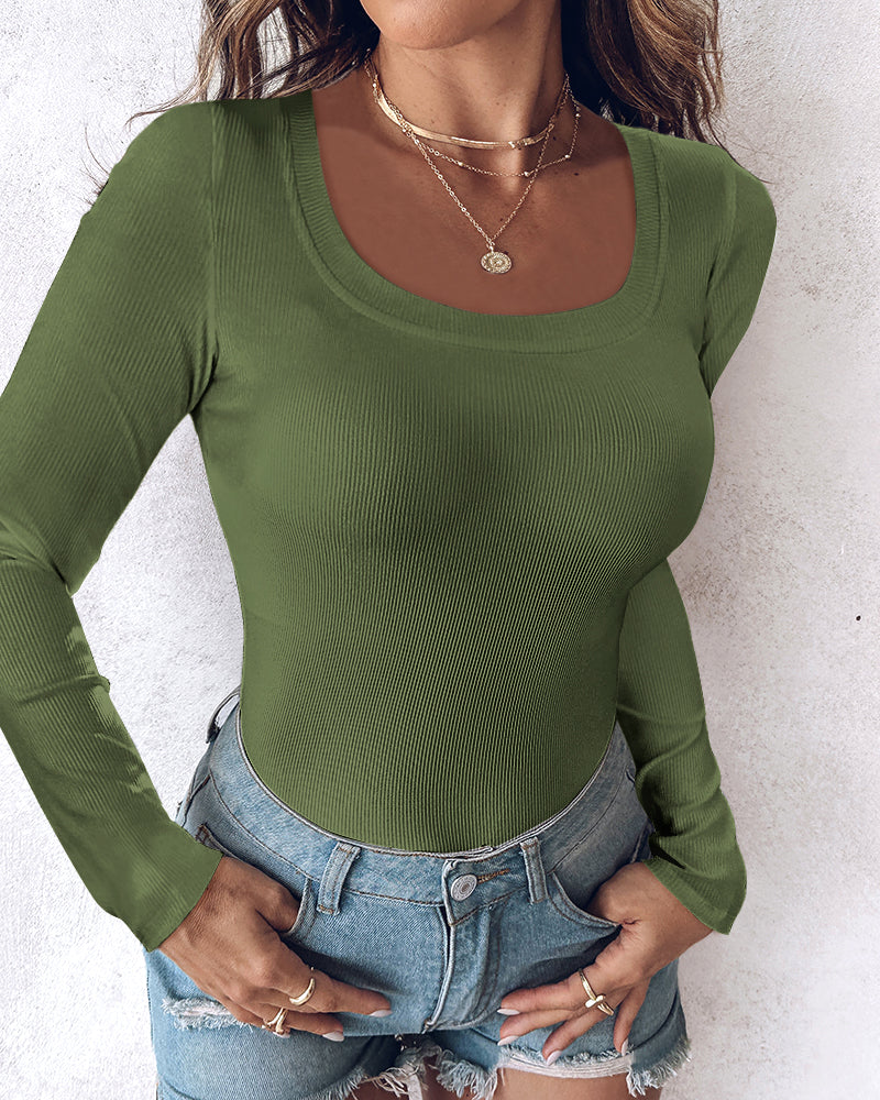 Chicme Built In Bra U Neck Long Sleeve Ribbed Top
