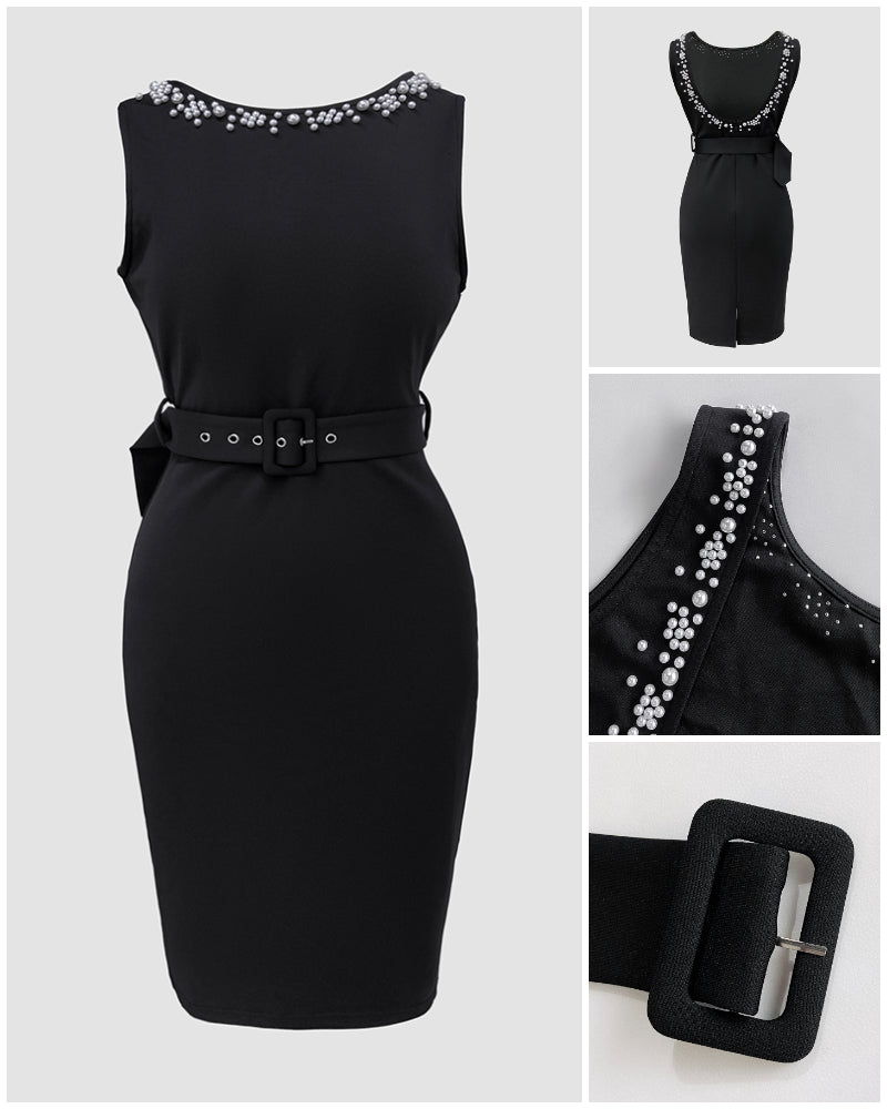 Pearls Decor Sleeveless Backless Slit Back Party Dress Zipper Back Bodycon Dress With Belt