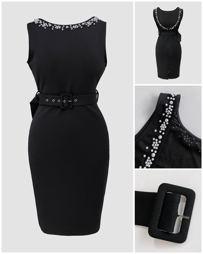 Pearls Decor Sleeveless Backless Slit Back Party Dress Zipper Back Bodycon Dress With Belt