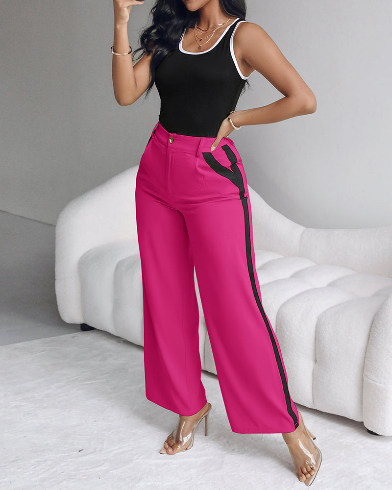 2 Piece Contrast Binding Sleeveless Slim Fit Tank Top and Striped Pants Sets Tracksuits Match Sets