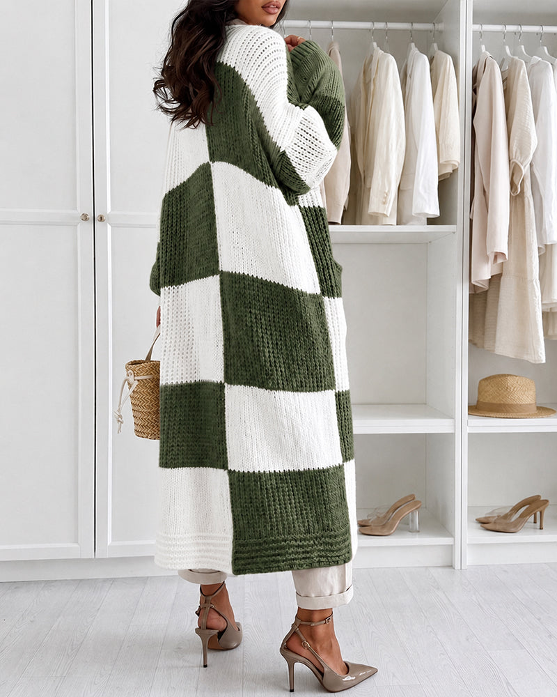 Women's Checkerboard Knit Cardigan Oversized Long Chunky Sweater Loose Lantern Sleeve Coat with Pockets