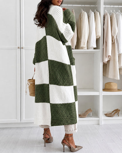 Women's Checkerboard Knit Cardigan Oversized Long Chunky Sweater Loose Lantern Sleeve Coat with Pockets