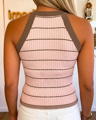 Women's Striped Halter Neck Knit Tank Top Sleeveless Slim Fit Ribbed Camisole with Gold Button Accents