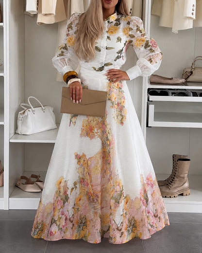 Women's Floral 3 Piece Outfits Stand Collar Blouse and Cami Top and High Waisted A Line Maxi Skirt Elegant Vacation Set