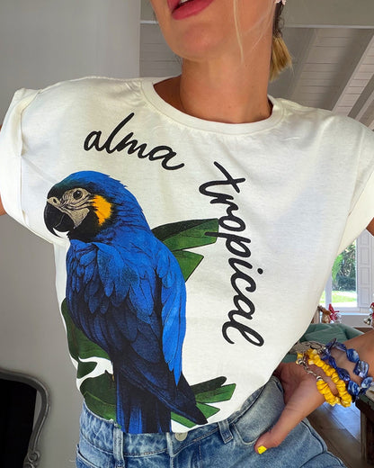 Tropical Animal & Plants Letter Print O-neck Short Sleeve Tee Casual Rolled Cuffs Top