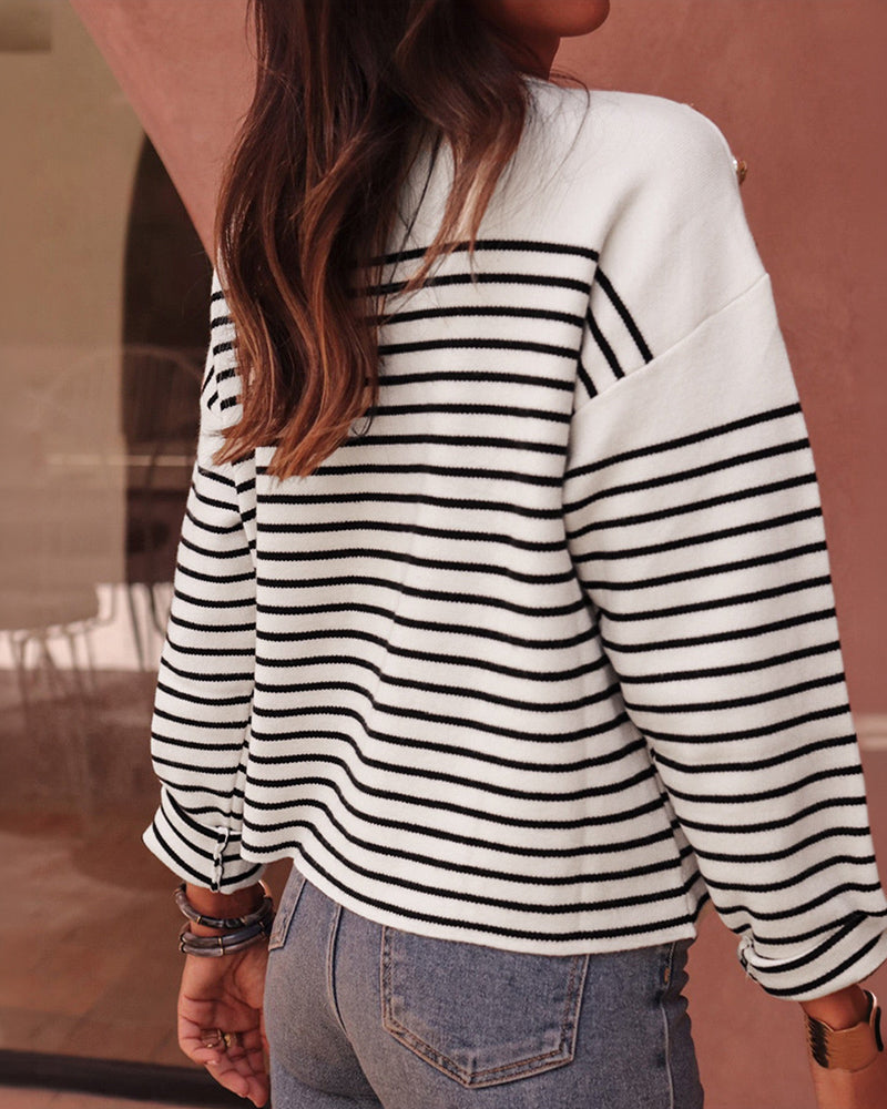 Women's Striped Knit Top Notch Neck Gold Button Drop Shoulder Long Sleeve Sweater