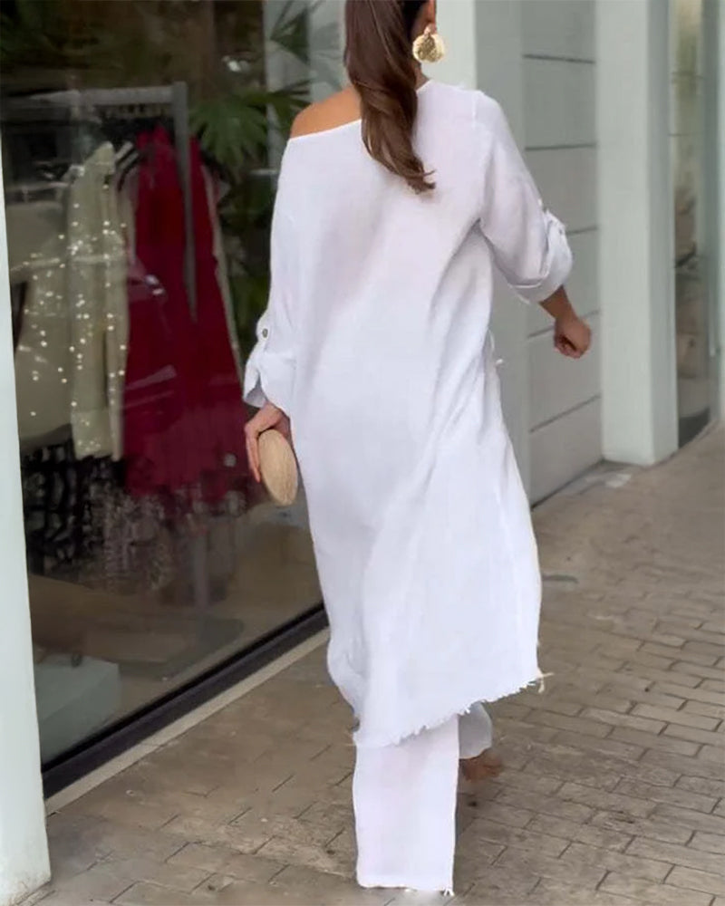 2 Pieces Outfit Button Decor One Shoulder Turn-Up Sleeves Slit Raw Edges Top and Casual Drawstring Elastic Waist Wide Leg Pants Set