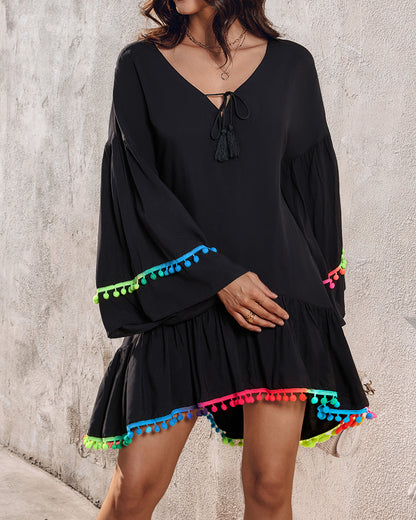 Colorblock V-Neck Bell Sleeve A Line Tassel Mini Dress Vacation Dress