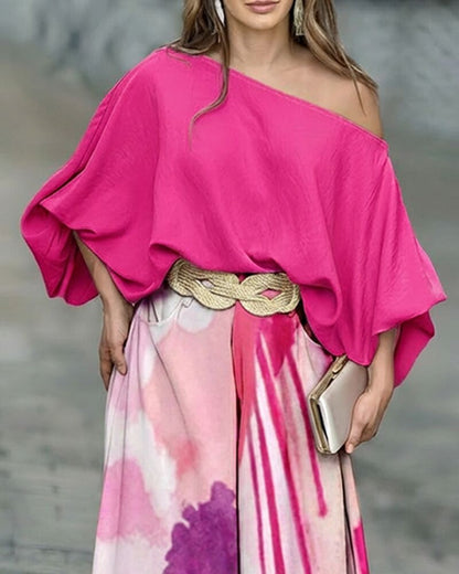 2 Pieces Outfit Skew Neck Batwing Sleeve Stretchy Hem Top and Casual Watercolor Ink Splash Print Zipper Fly Elastic Back Waist Wide Leg Pants Set without Belt