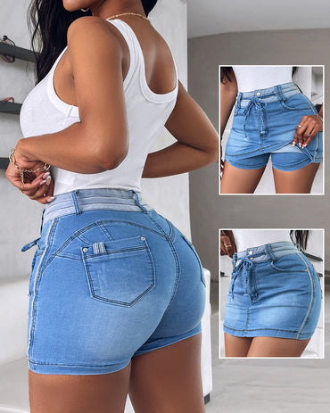 Contrast Paneled Zipper Fly Drawstring Elastic Waist Casual Denim Skort