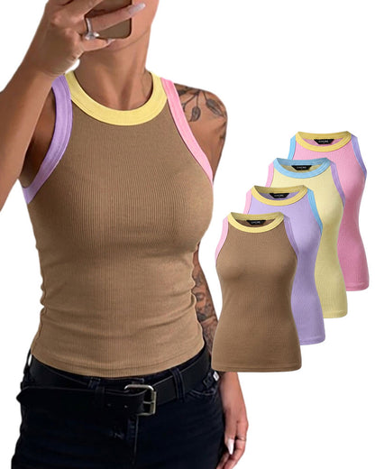 Women's Contrast Trim Ribbed Tank Top Slim Fit Sleeveless Round Neck Basic Camisole for Streetwear & Layering