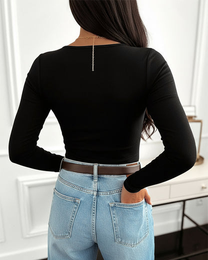 Metal Decor V-Neck Long Sleeve Sexy Hollow-out Slim Fit Top