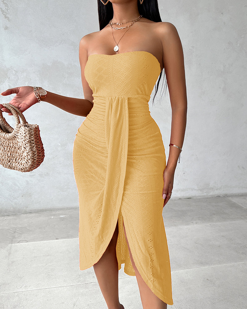 Sleeveless Ruched Cinched Waist Draped Bandeau Dress Eyelet Embroidery Slit Asymmetrical Hem Vacation Dress