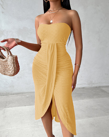 Sleeveless Ruched Cinched Waist Draped Bandeau Dress Eyelet Embroidery Slit Asymmetrical Hem Vacation Dress