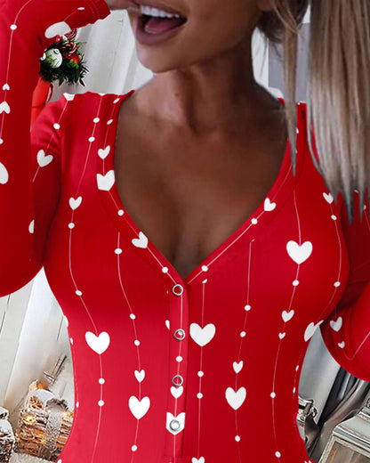 Heart Letter Pattern V-Neck Long Sleeve Rompers Sexy  Button Front Home Jumpsuit