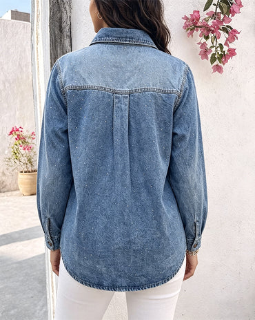 Women's Rhinestone Denim Jacket Washed Button-Down Shacket Sparkling Loose Fit Long Sleeve Casual Outerwear