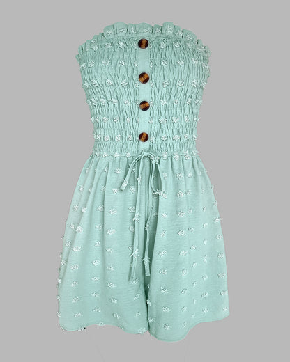 Polka Dot Bandeau Sleeveless Shirred Rompers Casual Button Decor Tied Detail Short Jumpsuit