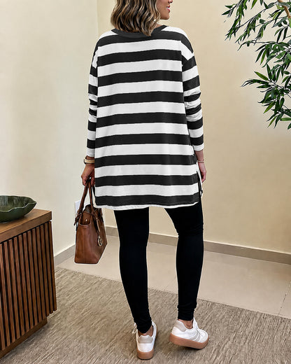 Women's Striped T Shirt Long Sleeve Drop Shoulder Crewneck Tee Side Slit Casual Loose Fit Top