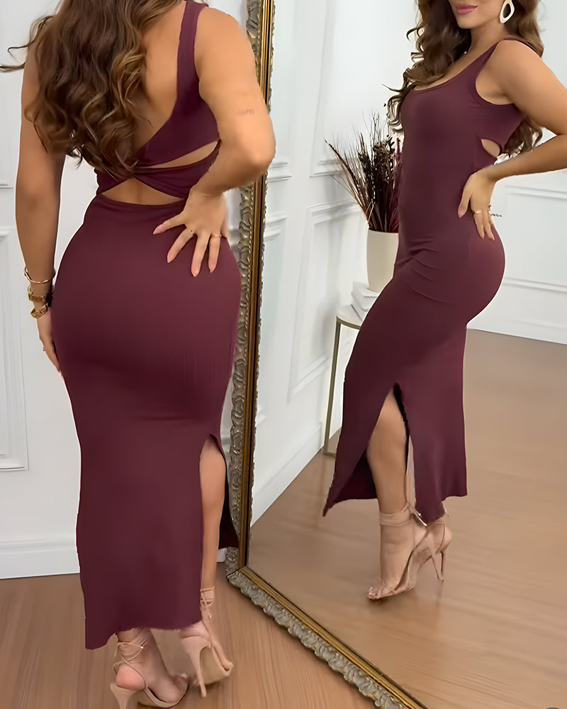 U-Neck Sleeveless Backless Twist Back Side Slit Knit Dress Slim Fit Versatile Ribbed Maxi Tank Dress