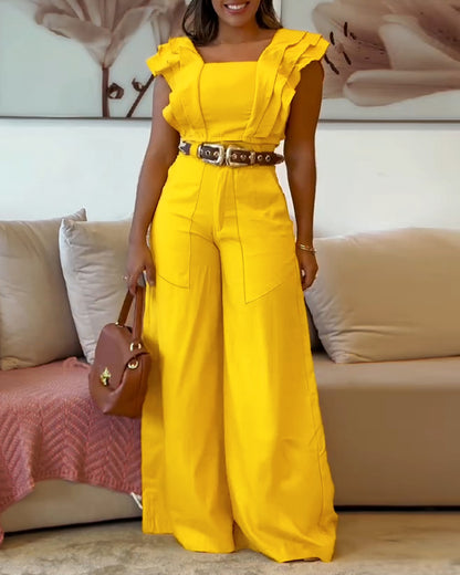2 Pieces Outfit Sqaure Neck Flutter Sleeve Shirred Back Backless Crop Top and Zipper Fly Single Breasted Front Elastic Back Waist Wide Leg Pants Set