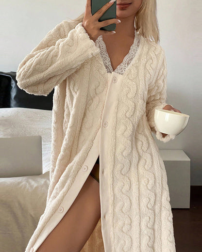 Stylish Contrast Lace V Neck Night Dress Casual Long Sleeve Weaving Knit Coral Sleepwear