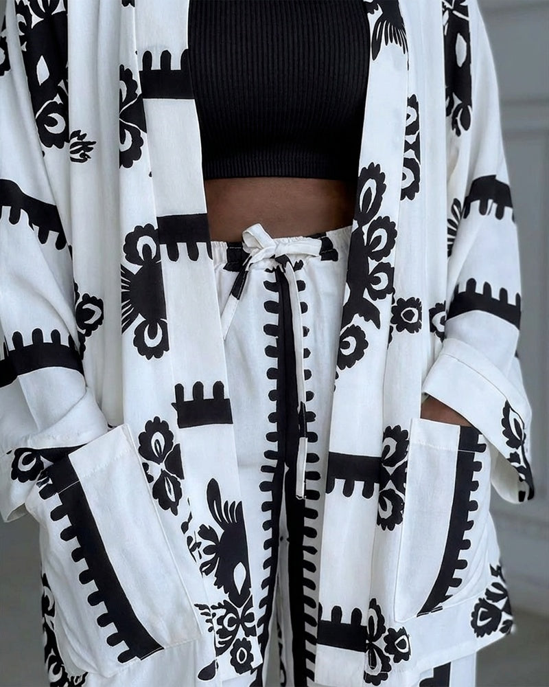 2 Pieces Outfit Open Front Long Sleeve Coat and Drawstring Elastic Waist Wide Leg Pants Set Casual Vintage Baroque Print Loose Fit Set without Tank Top