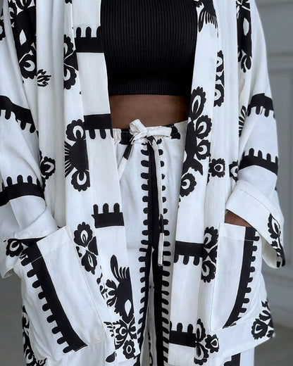 2 Pieces Outfit Open Front Long Sleeve Coat and Drawstring Elastic Waist Wide Leg Pants Set Casual Vintage Baroque Print Loose Fit Set without Tank Top