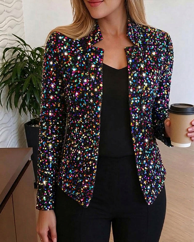 Damen-Blazerjacke mit allover bunten Pailletten, Stehkragen und offener Vorderseite