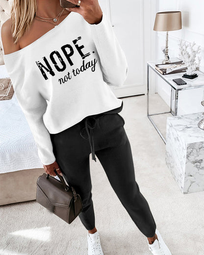 2 Pieces Outfit Nope. Not Today Slogan Print Skew Neck Long Sleeve Pullover Top And Casual Drawstring Stretchy Waist Slim Fit Pants Set