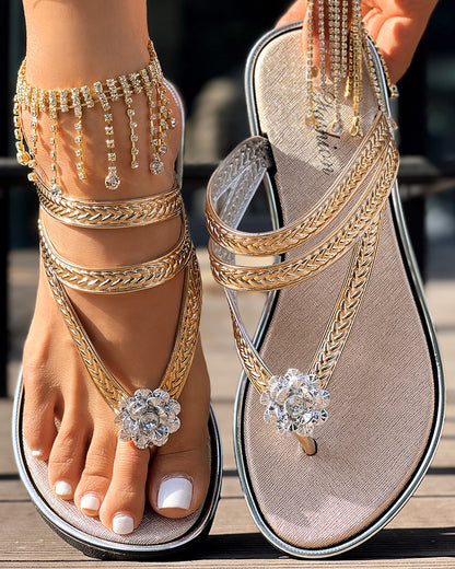 Rhinestone Floral Pattern Toe Post Beach Slippers