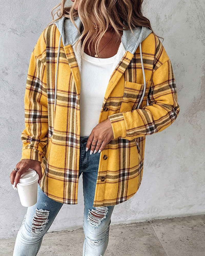 Women's Plaid Drawstring Hoodie Coat Casual Fleece Lined Jacket