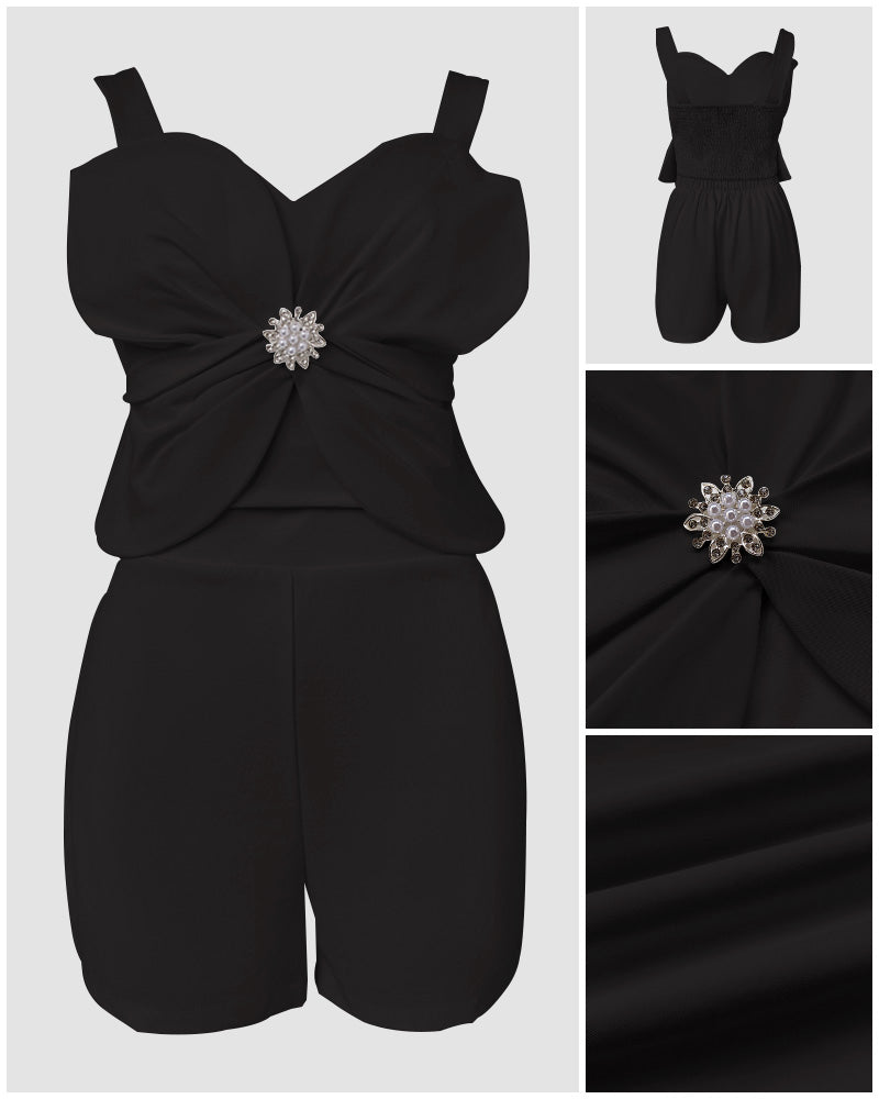 2 Pieces Outfit 3D Flower Decor Sweetheart Neck Thick Straps Shirred Back Crop Top and Casual Elastic Back Waist Shorts Set