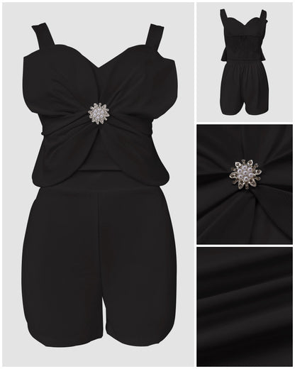 2 Pieces Outfit 3D Flower Decor Sweetheart Neck Thick Straps Shirred Back Crop Top and Casual Elastic Back Waist Shorts Set