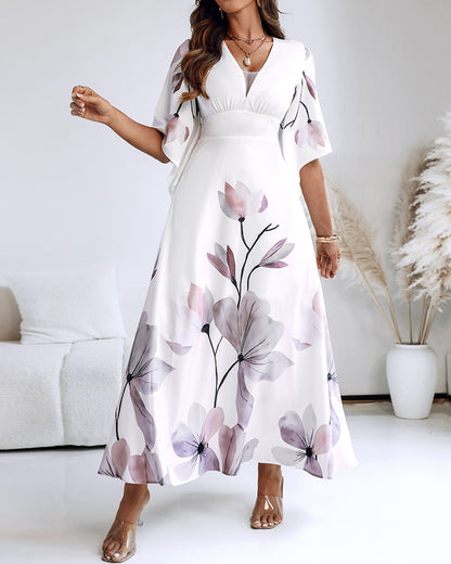 Floral Placement Print Deep V Neck Bell Sleeve Vacation Dress Casual Zipper Back Cinched Waist Maxi Dress With Lining