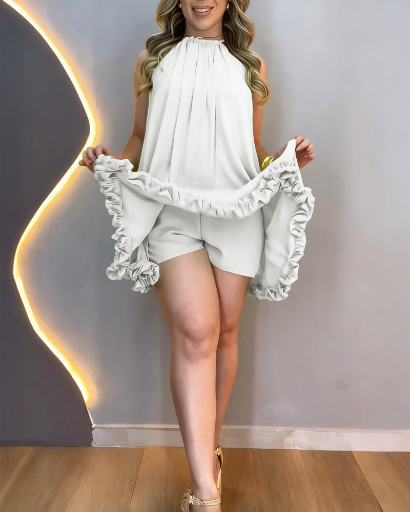Halter Tie Sleeveless Cinched Waist Ruffle Trim Party Dress Casual Tie Waist Ruched Vacation Dress with Built-In Shorts