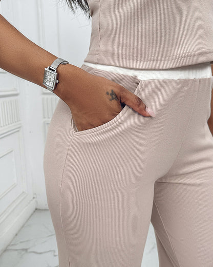 2 Piece Outfits Notch Neck Sleeveless Top Stretchy Waist Straight Leg Pants Lounge Sets Tracksuit