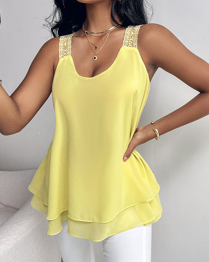 U-Neck Thick Strap Tank Contrast Lace Tied Detail Top