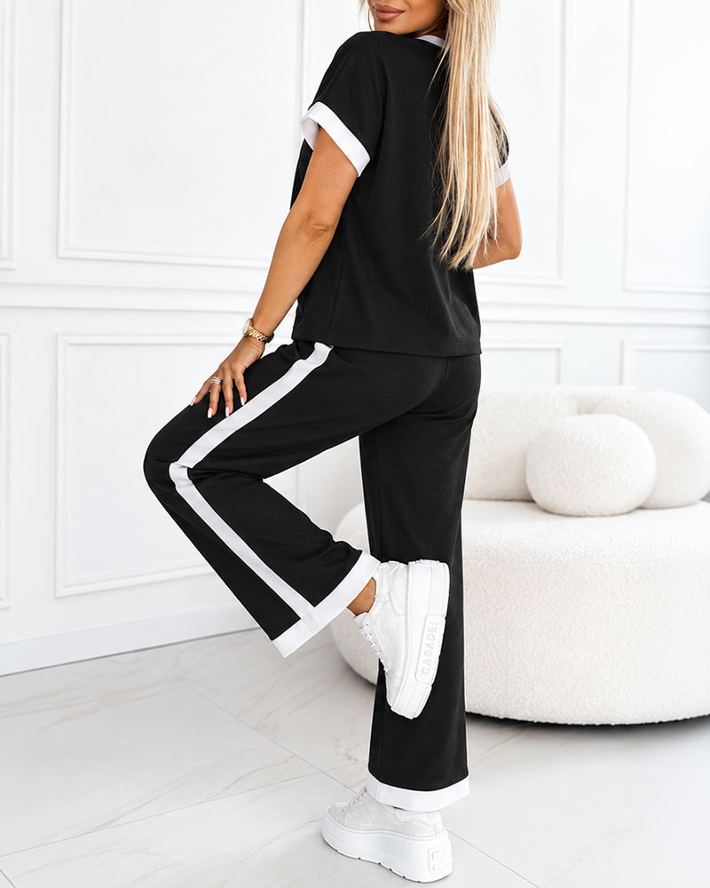 Women's Contrast Binding Two-Piece Set Short Sleeve Top and Wide Leg Pants