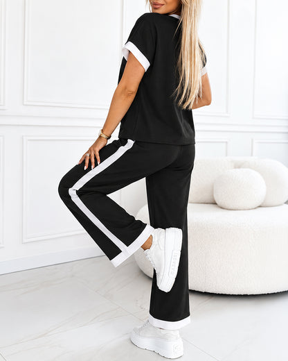 Women's Contrast Binding Two-Piece Set Short Sleeve Top and Wide Leg Pants
