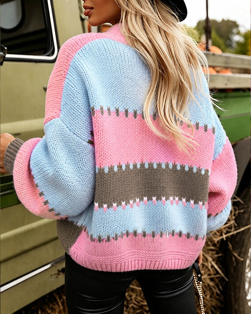 Women's Colorblock Knit Cardigan Chunky Knit Sweater Ribbed Trim Long Sleeve Casual Loose Knitwear