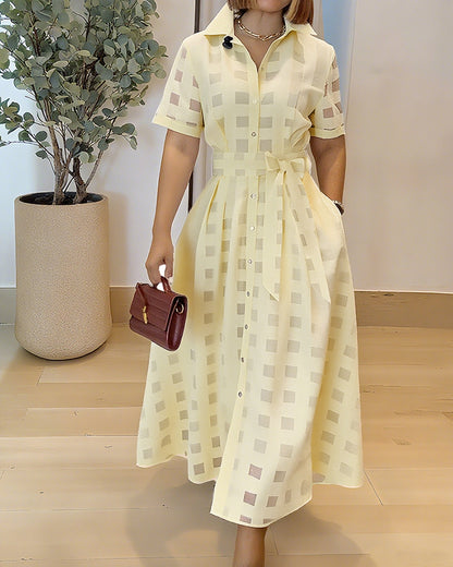 Turn Down Collar Plaid Mesh Double Layered Cinched Waist Maxi Dress Button Down Bow Tie Waist Commuting Dress