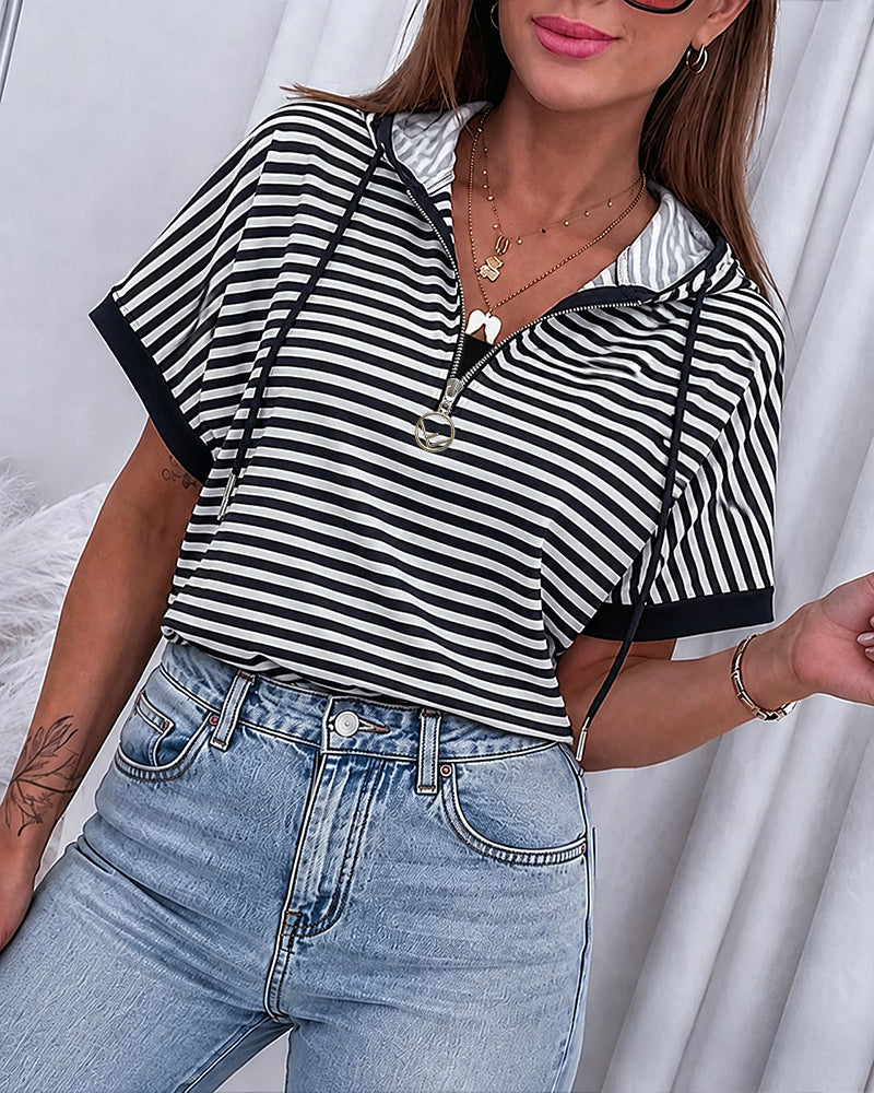 Women's Striped Half Zip Drawstring Hoodie Short Sleeve Sweatshirt Loose Contrast Trim Casual Pullover Top