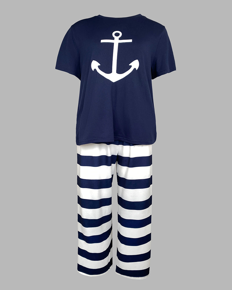 2 Pieces Outfit Anchor Pattern Short Sleeve Top and Striped Elastic Waist Pants Set Casual Pajamas Set