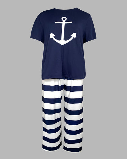 2 Pieces Outfit Anchor Pattern Short Sleeve Top and Striped Elastic Waist Pants Set Casual Pajamas Set