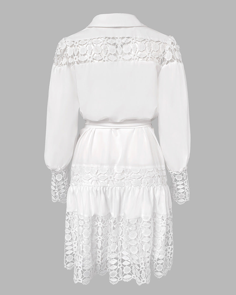 Contrast Lace Hollow Out Long Sleeve Blouse Dress Casual Tied Detail Mini Dress